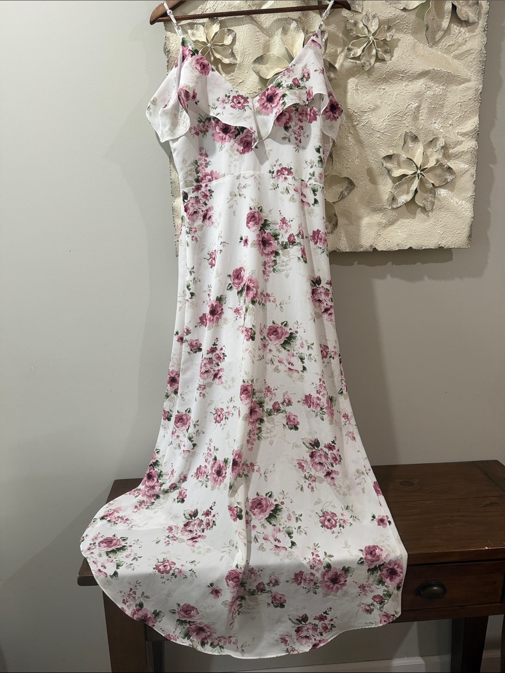 Lord Taylor Design Lab White Pink Floral Ruffle High Low Maxi Dress Size M - Picture 9 of 11
